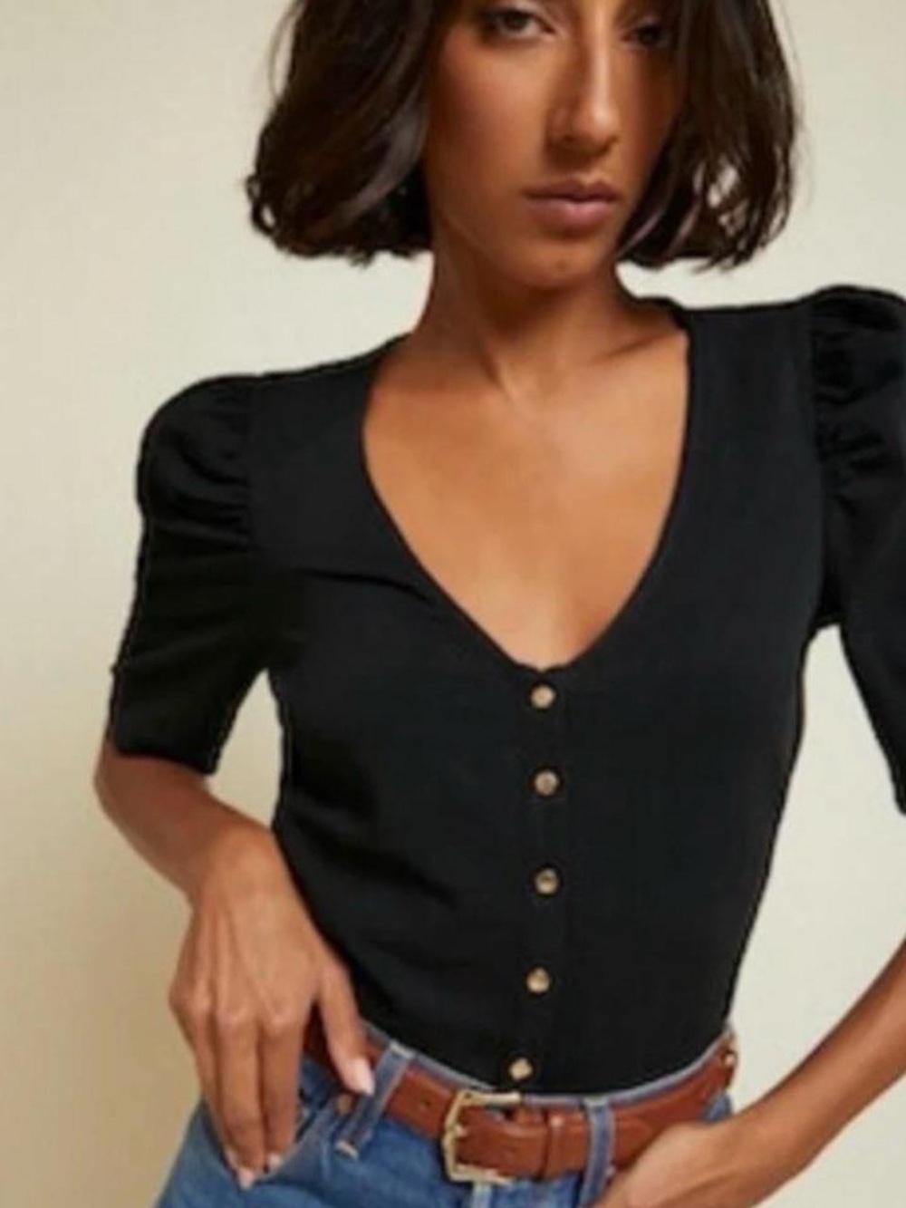 Nation LTD Black Puff-Sleeve Button Front Top
